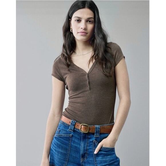 American Eagle Outfitters Tops - Womens American Eagle Brown Henley Short Sleeve Bodysuit Size S